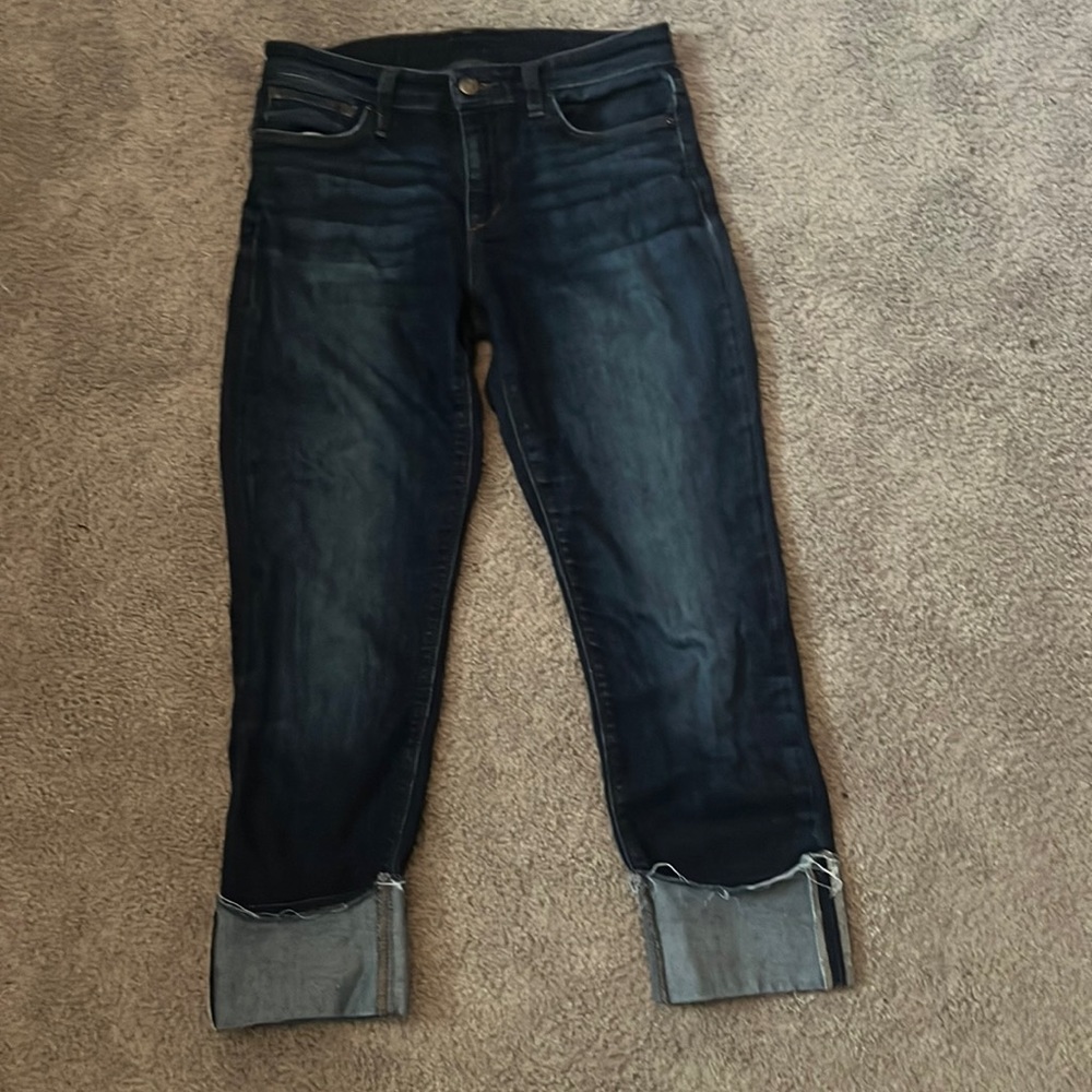 Joe’s dark blue jeans with folded ankle cuff